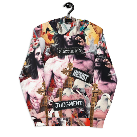"Eye-catching Vatty Shwag Hoodie featuring an eclectic mix of classical art and modern rebellious patches. The design weaves pink hues and bold statements like 'Resist' and 'Corrupted' into a tapestry of avant-garde fashion."